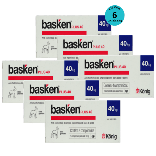 Vermífugo Basken Plus 40 p/ Cães e Gatos 1 comp. para cada 10Kg cx c/ 4 comp. Kit c/ 6 Kit Vermífugo Basken Plus 40 König p/ Cães Grandes C/ 10kg de peso c/ 4 Comp.- C/ 6 unidades