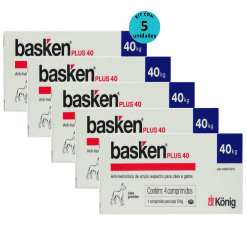 Vermífugo Basken Plus 40 p/ Cães e Gatos 1 comp. para cada 10Kg cx c/ 4 comp. Kit c/ 5