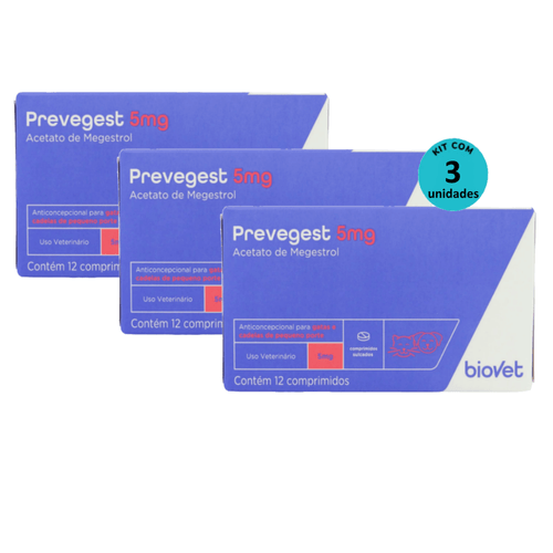 Kit Anticoncepcional Preve-Gest Biovet 5mg c/ 12 Comprimidos C/ 3 unidades