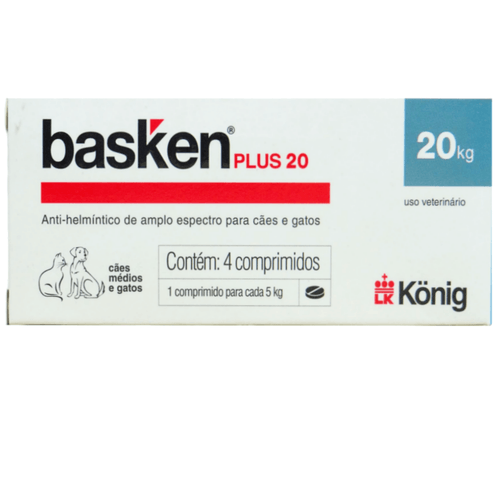 Vermífugo Basken Plus 20 para Cães Médios e Gatos 1 Comprimido Para cada 5Kg Cx com 4 comp. Konig Vermífugo Basken Plus 20 para Cães Médios e Gatos 1 Comprimido Para cada 5Kg Cx com 4 comp. Konig