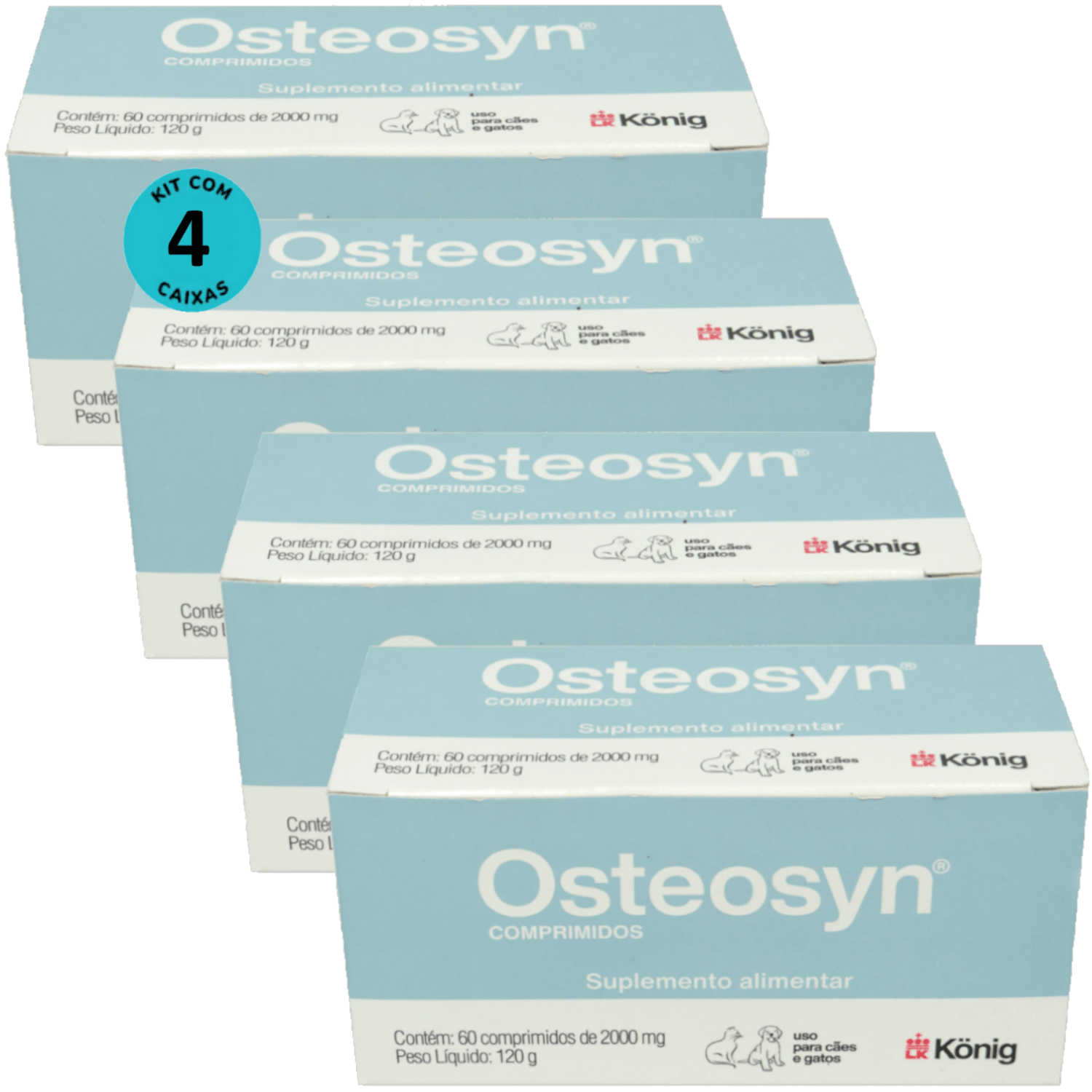 Osteosyn 2000mg Com 60 Comprimidos Para Cães e Gatos Raças Grandes Kit C/ 4