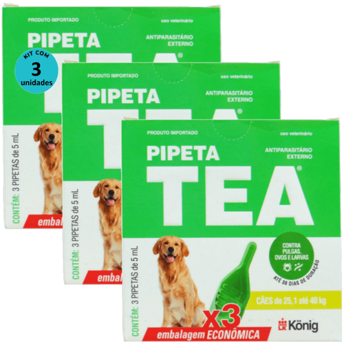 Pipeta Tea 5 ml Antiparasitário Contra Pulgas P/ Cães de 25,1 até 40 Kg C/ 3 unid. Kit C/ 3 Cxs