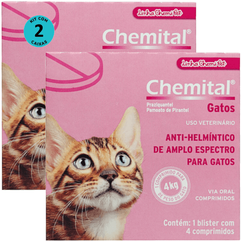 Chemital Com 4 Comprimidos Chemitec Vermífugo Para Gatos Kit Com 2 Cx Chemital Com 4 Comprimidos Chemitec Vermífugo Para Gatos Kit Com 2 Cx