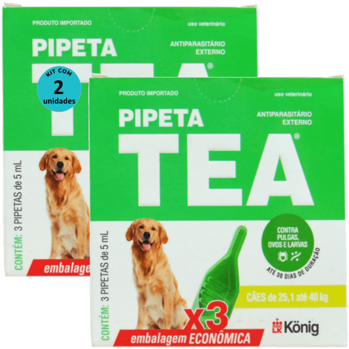 Pipeta Tea 5 ml Antiparasitário Contra Pulgas P/ Cães de 25,1 até 40 Kg C/ 3 unid. Kit C/ 2 Cxs Pipeta Tea 5 ml Antiparasitário Contra Pulgas P/ Cães de 25,1 até 40 Kg C/ 3 unid. Kit C/ 2 Cxs