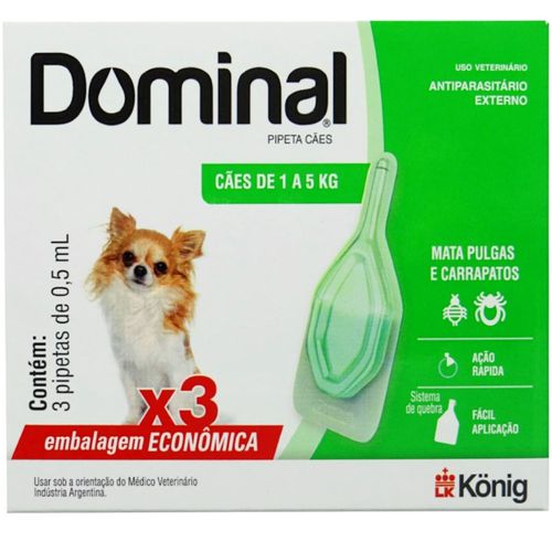 DOMINAL PIPETA PARA CÃES 1 A 5KG 0,5ML VERDE COM 3 UNIDADES PREVENÇÃO DE PULGAS E CARRAPATOS