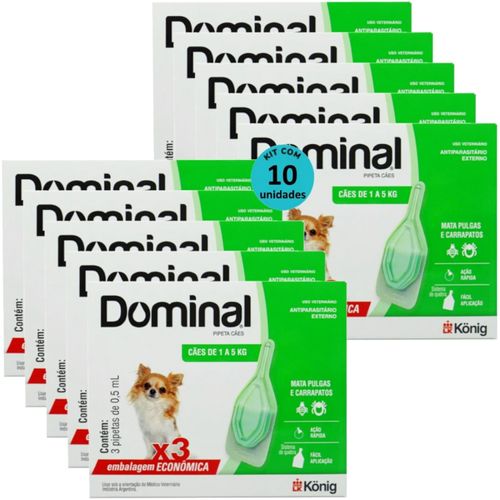 DOMINAL PIPETA PARA CÃES 1 A 5KG 0,5ML VERDE 3 UNID. KIT COM 10 CXS PREVENÇÃO DE PULGAS E CARRAPATOS DOMINAL PIPETA PARA CÃES 1 A 5KG 0,5ML VERDE 3 UNID. KIT COM 10 CXS PREVENÇÃO DE PULGAS E CARRAPATOS