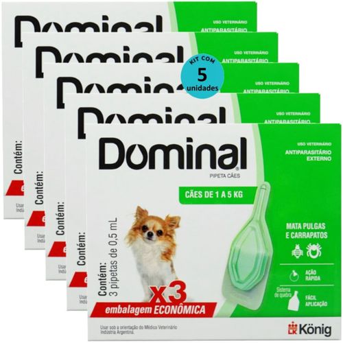 DOMINAL PIPETA PARA CÃES 1 A 5KG 0,5ML VERDE 3 UNID. KIT COM 5 CXS PREVENÇÃO DE PULGAS E CARRAPATOS