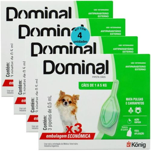 DOMINAL PIPETA PARA CÃES 1 A 5KG 0,5ML VERDE 3 UNID. KIT COM 4 CXS PREVENÇÃO DE PULGAS E CARRAPATOS DOMINAL PIPETA PARA CÃES 1 A 5KG 0,5ML VERDE 3 UNID. KIT COM 4 CXS PREVENÇÃO DE PULGAS E CARRAPATOS