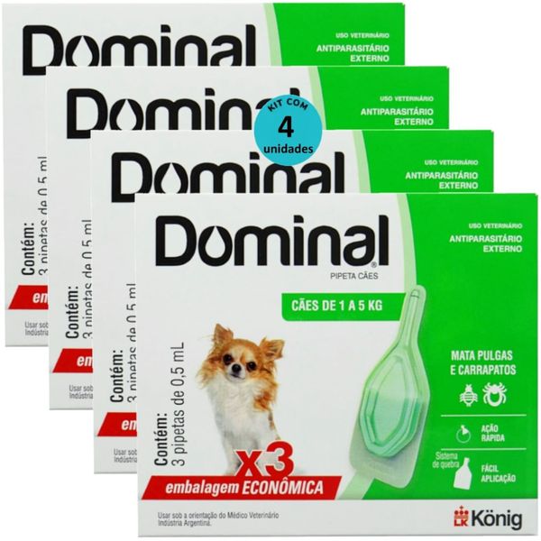 DOMINAL PIPETA PARA CÃES 1 A 5KG 0,5ML VERDE 3 UNID. KIT COM 4 CXS PREVENÇÃO DE PULGAS E CARRAPATOS