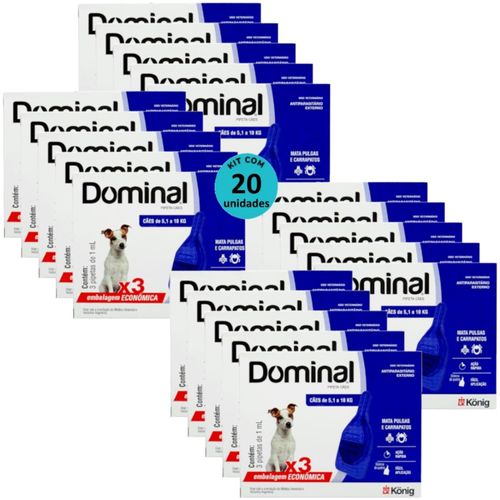 DOMINAL PIPETA PARA CÃES 5,1 A 10KG 1ML AZUL COM 3 UNID. KIT COM 20 CXS DOMINAL PIPETA PARA CÃES 5,1 A 10KG 1ML AZUL 3 UNID. KIT COM 20 CXS PREVENÇÃO DE PULGAS E CARRAPATOS