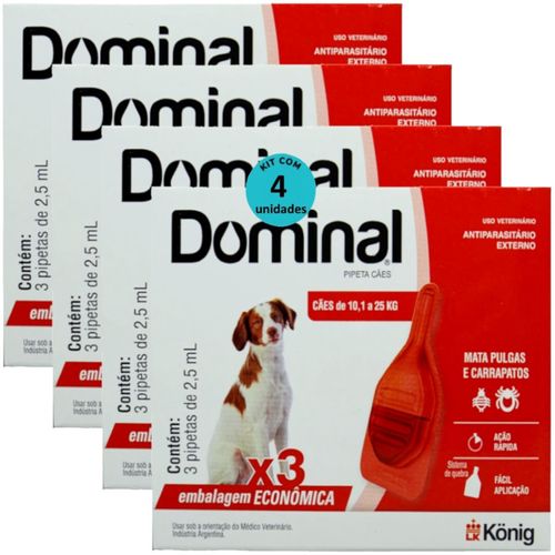DOMINAL PIPETA PARA CÃES 10,1 A 25KG 2,5ML VERMELHO 3 UNID. KIT COM 4 CXS PREVENÇÃO DE PULGAS E CARRAPATOS DOMINAL PIPETA PARA CÃES 10,1 A 25KG 2,5ML VERMELHO 3 UNID. KIT COM 4 CXS PREVENÇÃO DE PULGAS E CARRAPATOS