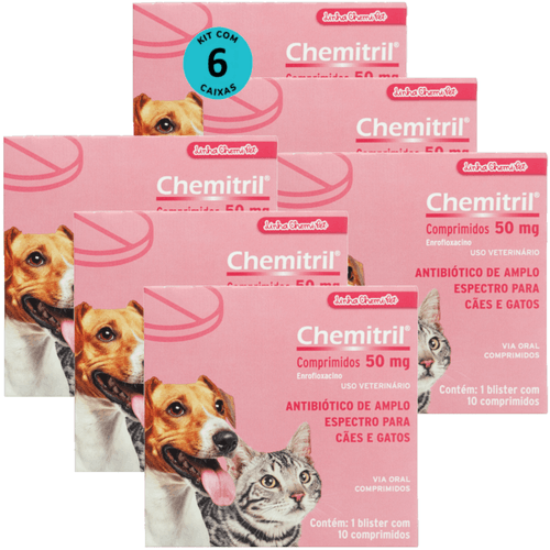 Chemitril 50mg Com 10 Comprimidos Para Cães e Gatos Chemitec Kit Com 6 Chemitril 50mg Com 10 Comprimidos Para Cães e Gatos Chemitec Kit Com 6