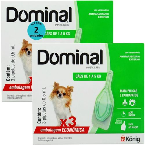 DOMINAL PIPETA PARA CÃES 1 A 5KG 0,5ML VERDE 3 UNID. KIT COM 2 CXS PREVENÇÃO DE PULGAS E CARRAPATOS DOMINAL PIPETA PARA CÃES 1 A 5KG 0,5ML VERDE 3 UNID. KIT COM 2 CXS PREVENÇÃO DE PULGAS E CARRAPATOS