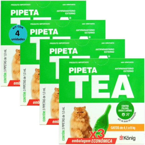 Pipeta Tea 1,0 ml Antiparasitário Contra Pulgas P/ Gatos de 4,1 até 8 Kg C/ 3 unid. Kit C/ 4 Cxs Pipeta Tea 1,0 ml Antiparasitário Contra Pulgas P/ Gatos de 4,1 até 8 Kg C/ 3 unid. Kit C/ 4 Cxs