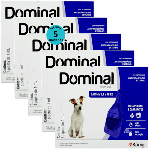 DOMINAL PIPETA PARA CÃES 5,1 A 10KG 1ML AZUL KIT COM 5 PREVENÇÃO PULGAS E CARRAPATOS