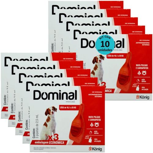 DOMINAL PIPETA PARA CÃES 10,1 A 25KG 2,5ML VERMELHO 3 UNID. KIT COM 10 CXS PREVENÇÃO DE PULGAS E CARRAPATOS DOMINAL PIPETA PARA CÃES 10,1 A 25KG 2,5ML VERMELHO 3 UNID. KIT COM 10 CXS PREVENÇÃO DE PULGAS E CARRAPATOS
