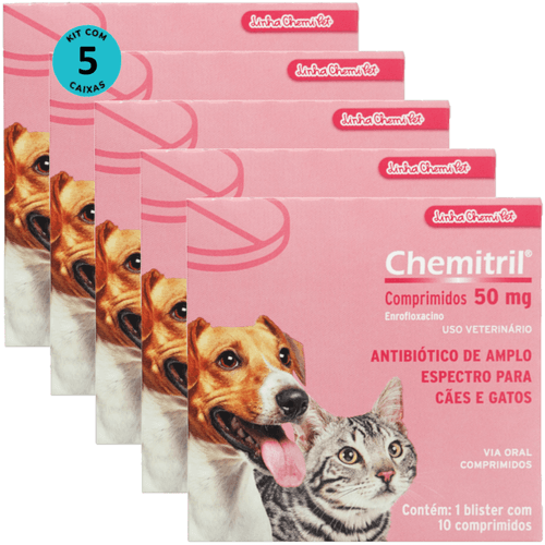 Chemitril 50mg Com 10 Comprimidos Para Cães e Gatos Chemitec Kit Com 5 Chemitril 50mg Com 10 Comprimidos Para Cães e Gatos Chemitec Kit Com 5