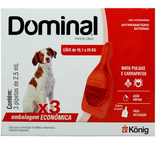 DOMINAL PIPETA PARA CÃES 10,1 A 25KG 2,5ML VERMELHO COM 3 UNIDADES PREVENÇÃO DE PULGAS E CARRAPATOS DOMINAL PIPETA PARA CÃES 10,1 A 25KG 2,5ML VERMELHO COM 3 UNIDADES PREVENÇÃO DE PULGAS E CARRAPATOS