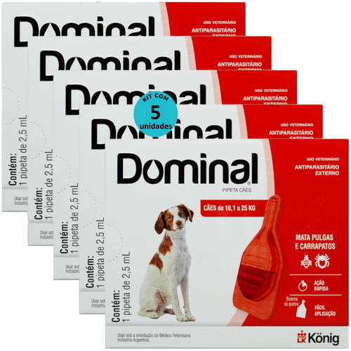 DOMINAL PIPETA PARA CÃES 10,1 A 25KG 2,5ML VERMELHO KIT COM 5 PREVENÇÃO PULGAS E CARRAPATOS