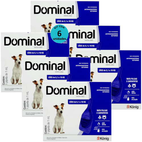DOMINAL PIPETA PARA CÃES 5,1 A 10KG 1ML AZUL KIT COM 6 PREVENÇÃO PULGAS E CARRAPATOS