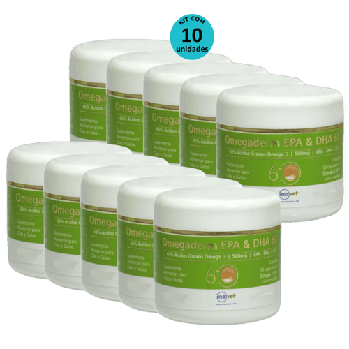 Omegaderm EPA & DHA 60 Suplemento P/ Cães e Gatos 500mg C/ 30 cáp. Inovet Kit com 10 Omegaderm EPA & DHA 60 Suplemento P/ Cães e Gatos 500mg C/ 30 cáp. Inovet Kit com 10