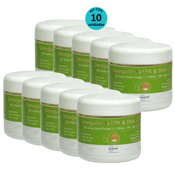Omegaderm EPA & DHA 60 Suplemento P/ Cães e Gatos 500mg C/ 30 cáp. Inovet Kit com 10