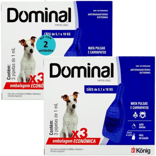 DOMINAL PIPETA PARA CÃES 5,1 A 10KG 1ML AZUL COM 3 UNID. KIT COM 2 CXS DOMINAL PIPETA PARA CÃES 5,1 A 10KG 1ML AZUL 3 UNID. KIT COM 2 CXS PREVENÇÃO DE PULGAS E CARRAPATOS
