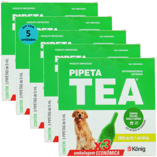 Pipeta Tea 5 ml Antiparasitário Contra Pulgas P/ Cães de 25,1 até 40 Kg C/ 3 unid. Kit C/ 5 Cxs Pipeta Tea 5 ml Antiparasitário Contra Pulgas P/ Cães de 25,1 até 40 Kg C/ 3 unid. Kit C/ 5 Cxs