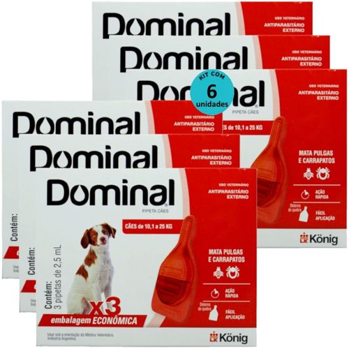DOMINAL PIPETA PARA CÃES 10,1 A 25KG 2,5ML VERMELHO 3 UNID. KIT COM 6 CXS PREVENÇÃO DE PULGAS E CARRAPATOS DOMINAL PIPETA PARA CÃES 10,1 A 25KG 2,5ML VERMELHO 3 UNID. KIT COM 6 CXS PREVENÇÃO DE PULGAS E CARRAPATOS