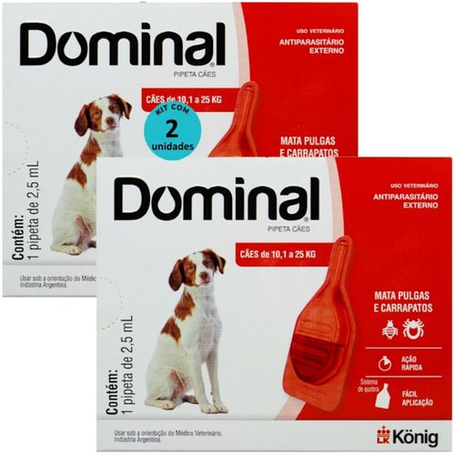 DOMINAL PIPETA PARA CÃES 10,1 A 25KG 2,5ML VERMELHO KIT COM 2 PREVENÇÃO PULGAS E CARRAPATOS DOMINAL PIPETA PARA CÃES 10,1 A 25KG 2,5ML VERMELHO KIT COM 2 PREVENÇÃO PULGAS E CARRAPATOS