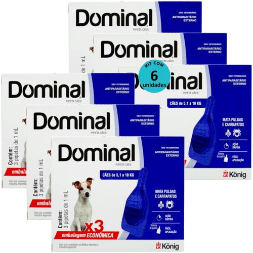 DOMINAL PIPETA PARA CÃES 5,1 A 10KG 1ML AZUL COM 3 UNID. KIT COM 6 CXS DOMINAL PIPETA PARA CÃES 5,1 A 10KG 1ML AZUL 3 UNID. KIT COM 6 CXS PREVENÇÃO DE PULGAS E CARRAPATOS