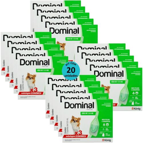 DOMINAL PIPETA PARA CÃES 1 A 5KG 0,5ML VERDE 3 UNID. KIT COM 20 CXS PREVENÇÃO DE PULGAS E CARRAPATOS