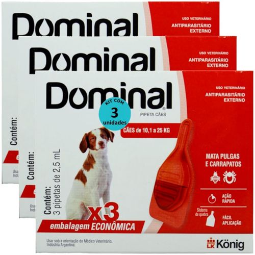DOMINAL PIPETA PARA CÃES 10,1 A 25KG 2,5ML VERMELHO 3 UNID. KIT COM 3 CXS PREVENÇÃO DE PULGAS E CARRAPATOS DOMINAL PIPETA PARA CÃES 10,1 A 25KG 2,5ML VERMELHO 3 UNID. KIT COM 3 CXS PREVENÇÃO DE PULGAS E CARRAPATOS