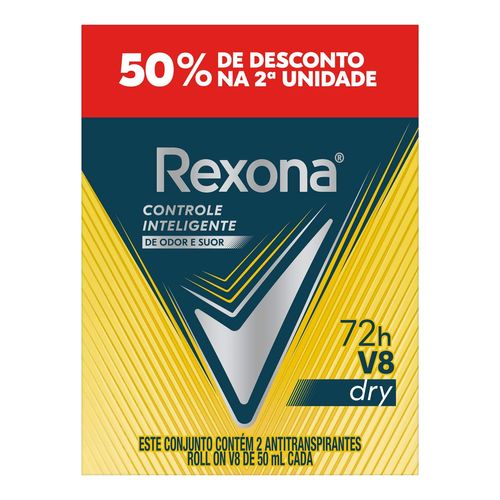 Desodorante Antitranspirante Rexona 72H Men V8 Dry Roll-On 2 Unidades 50Ml Cada