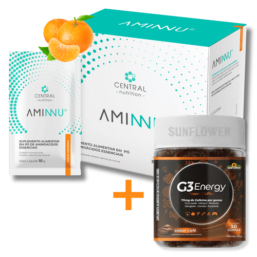 Aminnu® Tradicional - 10g 30  Sabor Tangerina + G3 Energy 75mg Cafeína Pré Treino Goma Aminnu® Tradicional - 10g 30  Sabor Tangerina + G3 Energy 75mg Cafeína Pré Treino Goma