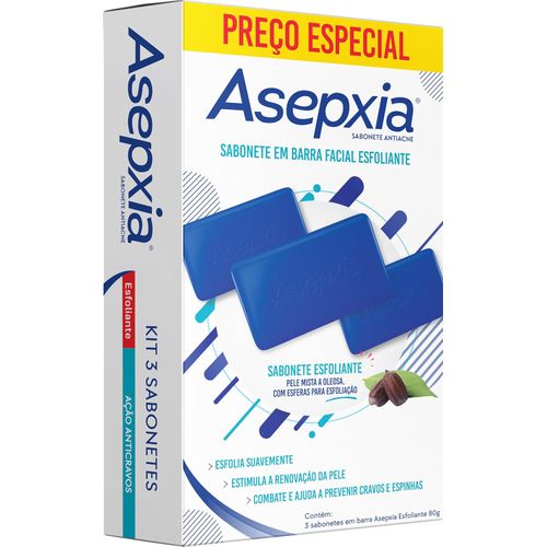 Sabonete em Barra Asepxia Esfoliante - Ação Anti Cravos - Kit com 3 Unidades de 80g