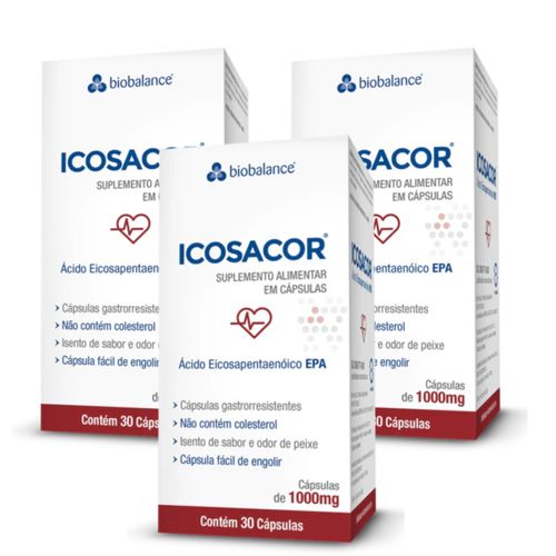 Kit 3 Icosacor Alto teor EPA 1g 30 Cáps Biobalance Sem Sabor