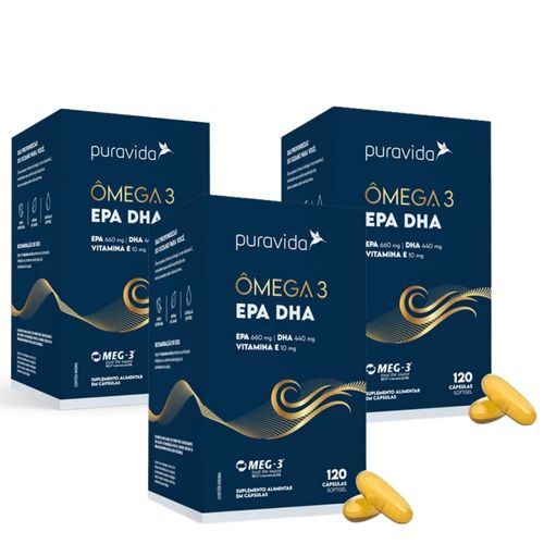 Kit 3 Ômega 3  Super DHA 1000mg  EPA 400mg 120 Cápsulas PuraVida Sem Sabor