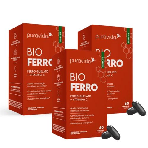 Kit 3 Bio Ferro Vitaminas C Ferro Quelato 60 Cápsulas PuraVida Sem sabor