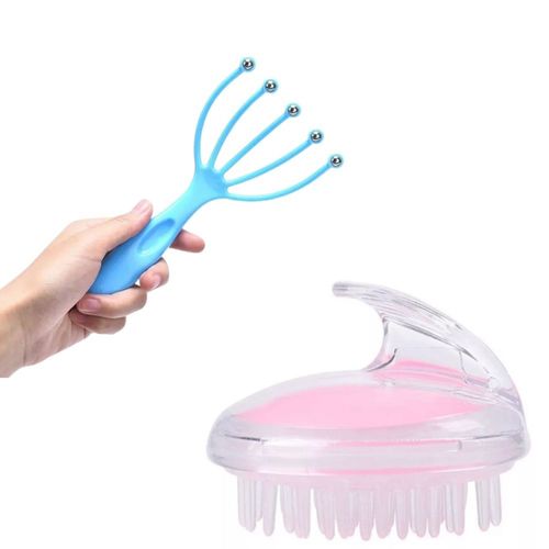 Kit Massageador Capilar Escova de Silicone Capilar + Massageador Cafuné Inox para Relaxamento e Cuidados com o Cabelo