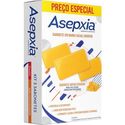 Sabonete Facial Antiacne Asepxia Enxofre 80g - KIt com 3 Unidades Sabonete Facial Antiacne Asepxia Enxofre 80g - KIt com 3 Unidades