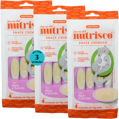 SNACK CREMOSO NUTRISCO GATOS ADULTOS 14G ATUM E SALMÃO COM 4 UN - KIT COM 3