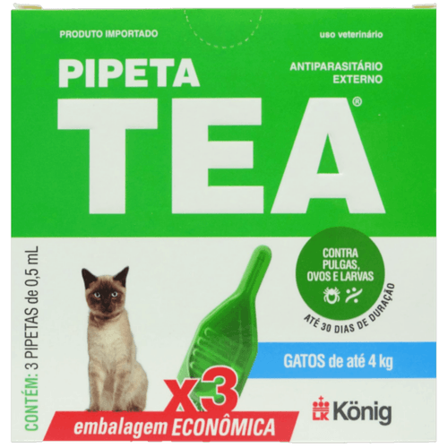 Pipeta Tea 0,5 ml Antiparasitário Contra Pulgas para Gatos de até 4 Kg C/ 3 unid. - König