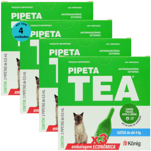 Pipeta Tea 0,5 ml Antiparasitário Contra Pulgas P/ Gatos de até 4 Kg C/ 3 unid. Kit C/ 4 Cxs Pipeta Tea 0,5 ml Antiparasitário Contra Pulgas P/ Gatos de até 4 Kg C/ 3 unid. Kit C/ 4 Cxs