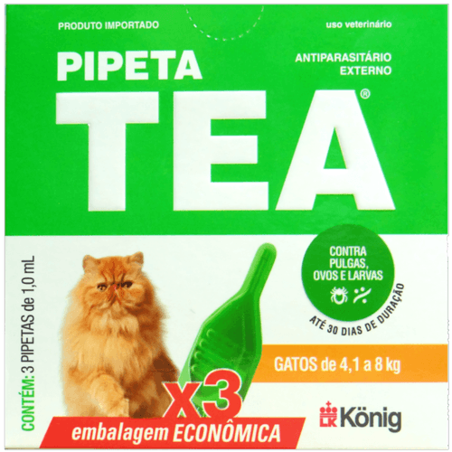 Pipeta Tea 1,0 ml Antiparasitário Contra Pulgas para Gatos de 4,1 até 8 Kg Kit C/ 3 unid. - König Pipeta Tea 1,0 ml Antiparasitário Contra Pulgas para Gatos de 4,1 até 8 Kg Kit C/ 3 unid. - König