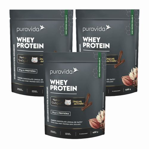 3x Whey Protein Isolado - Língua De Gato - Puravida - 450g Lingua de Gato