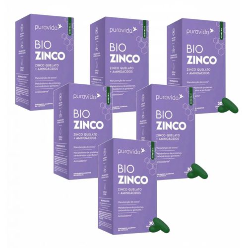 6x Bio Zinco PuraVida - Zinco Quelado + Aminoácidos Sem Sabor