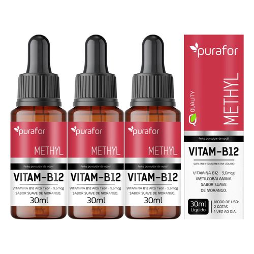 Kit 3 Vitamina B12 Metilcobalamina 30ml Purafor – Sabor Morango, Alta Absorção Kit 3 Vitamina B12 Metilcobalamina 30ml Purafor – Sabor Morango, Alta Absorção