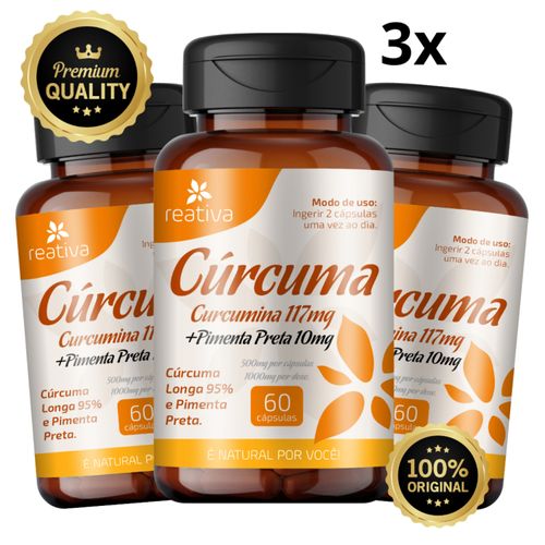 Kit 3 Cúrcuma Longa 95% com Pimenta Preta Reativa 1.000mg por dose Suplemento 100% natural