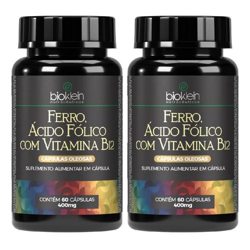 KIT 02 OLEO FERRO, ACIDO FOLICO C/ VITAMINA B12 400mg  60 Caps BIOKLEIN